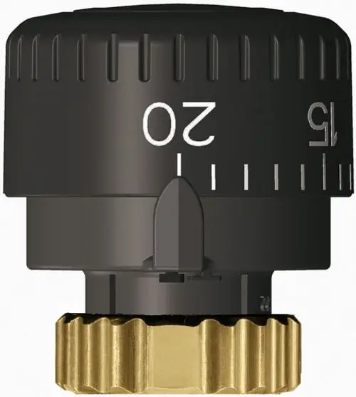 Voreinstell- und Absperrhandrad von IMI Hydronic Engineering, mit schwarzem Einstellring und goldfarbenem Grundkörper, für präzise Einstellungen in Heizungsanlagen.